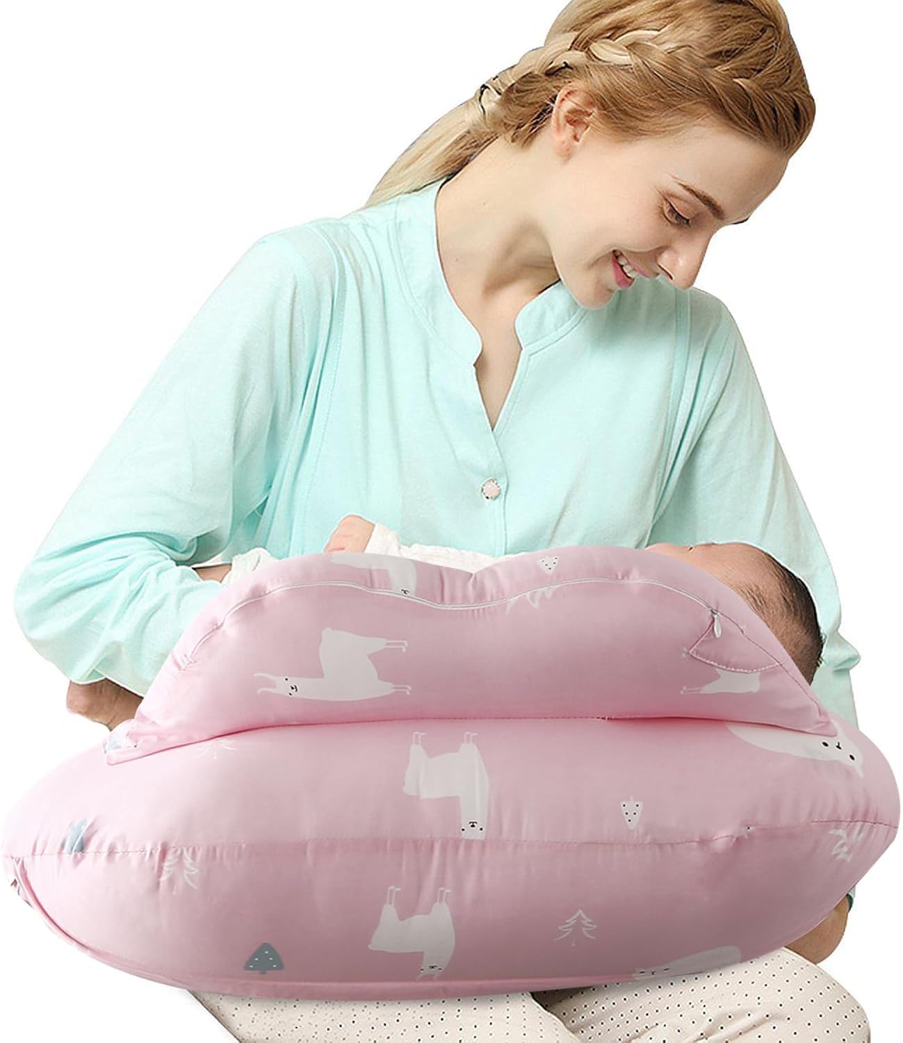 SHANNA Nursing Pillow Bottle Feeding Breastfeeding Pillow, Multifunctional Nursing Pillow with 100% Cotton Romvable Washable Cover Adjustable Waist Strap Support, Gifts for Pregnancy(Pink Bear)