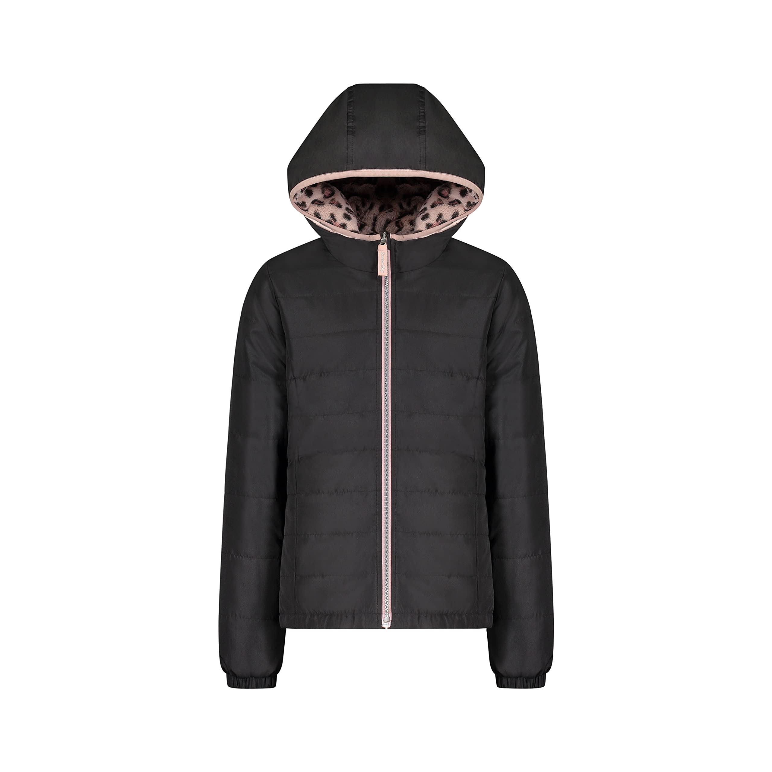 London Fog Girls Toddler Midweight Fleece Lined Jacket, Black Reversible Pink Cheetah, 3T Image