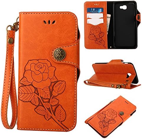 J7 Perx Case,IVY Galaxy J7 Prime Wallet Phone Case [Rose Retro Style][Kickstand &amp; Wrist Strap] Leather Case Flip Cover For Samsung Galaxy J7 V / J7 Sky Pro / On7 Prime / On Nxt G610F SM-J727 - Orange