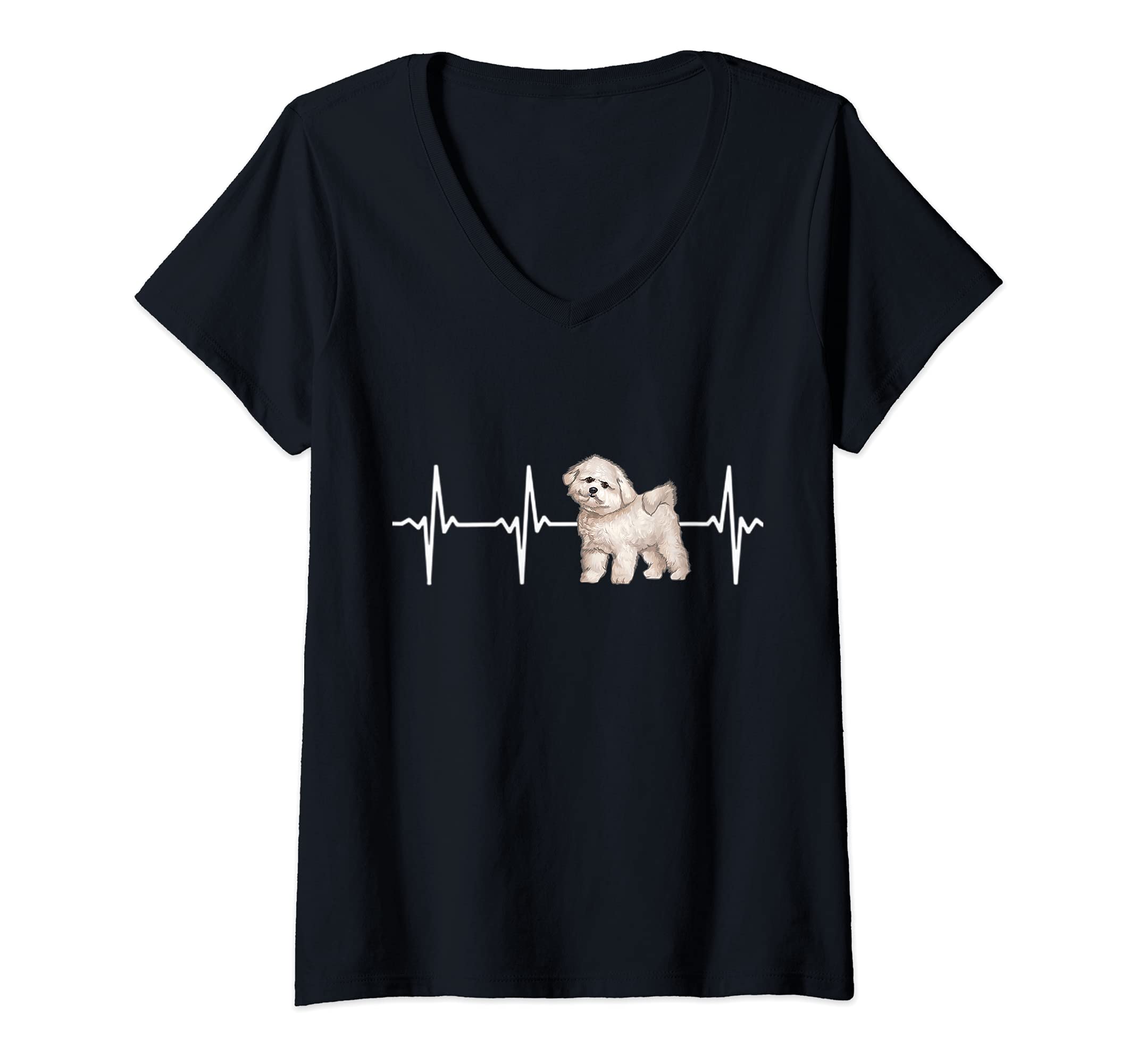 Womens Bichons Frise Heartbeat Love My Dog V-Neck T-Shirt