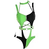 MEOWCOS Women's One Piece Swimwear Gothic Swimsuit Green and Black Spliced Cutout Bathing Suit