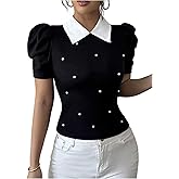WDIRARA Women's Pearl Short Puff Sleeve Tops Collared T Shirts Dressy Fitted Tops