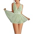 OYOANGLE Women's 2 Piece Polka Dots Lace Sheer Mesh V Neck Babydoll Teddy Lingerie Set