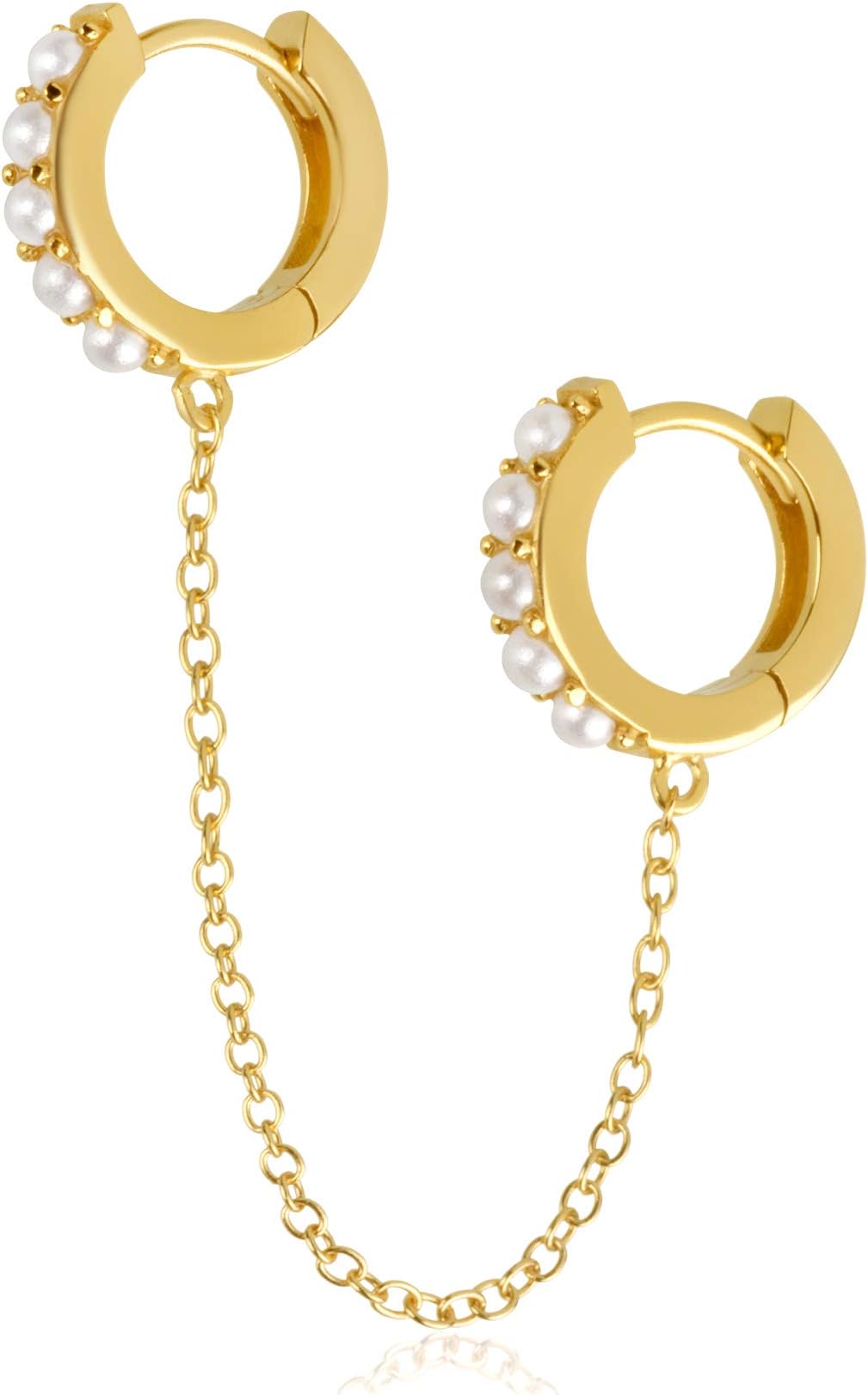 Sterling Silver 18K Yellow Gold Plated Polished Chained Double Huggies Fashion Earrings for Women – Earrings for One Ear