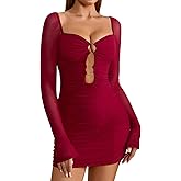 Colysmo Women's Sexy Hollow Out Long Sleeve Bodycon Mini Dress Ruched Mesh Short Dresses for Club Night Out