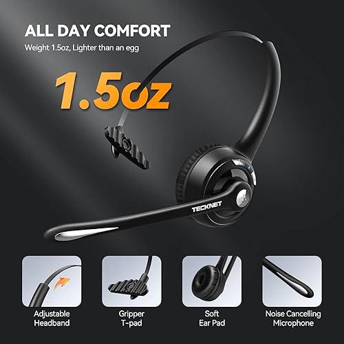 TECKNET Wireless Headset, Bluetooth Headphones with Noise