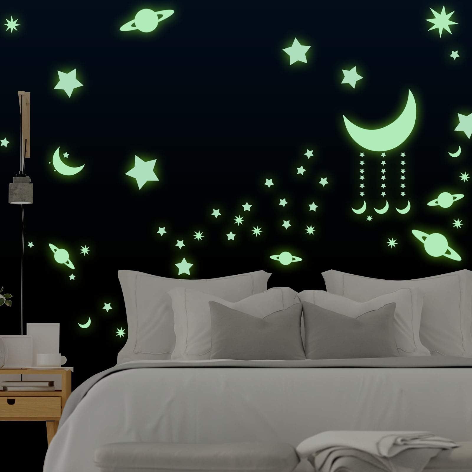 Domserv Luminous Star Wall Stickers Glow in The Dark Wall or Ceiling Stickers 262 PCS Star and Moon Fluorescent Decals Wall Decor for Kids Room Bedroom Living Room Halloween Ceiling or Wall Christmas