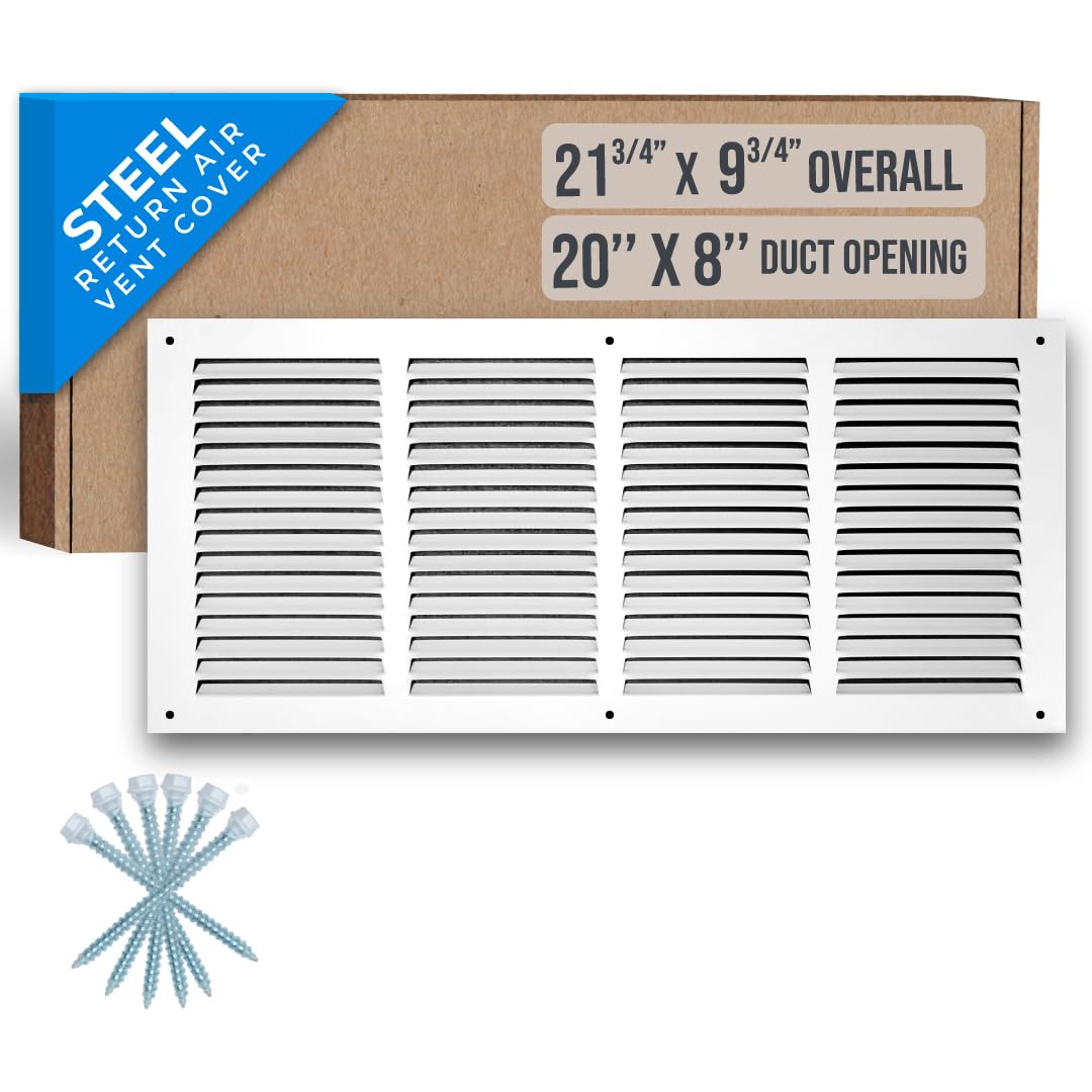 Fits 20x8 Duct Opening | Steel Return Air Grille by Handua | Vent Cover Grill for Sidewall and Ceiling | White | HVAC Cold Air Intake Grille | Outer Dimensions: 21.75"W X 9.75"