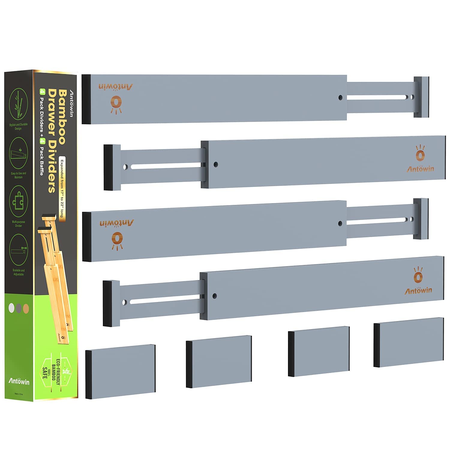 ANTOWIN 8PCS Bamboo Drawer Dividers, Drawer Separators Splitter, 43-56CM Long Adjustable Spring-loaded Organizer for Large Utensil, Clothes, Tools Drawers, 4 Pack Dividers + 4 Pack Baffle (gray)