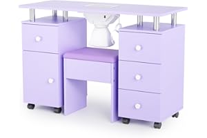 OmySalon Nail Desk and Chair Set, Manicure Table with Dust Collector, Arm Rest, 8 Wheels, Acetone Resistant Desktop, Drawers & Cabinet Storage for Makeup Beauty Salon (Lavender)