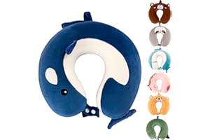DUANY STORE Kids Neck Pillow for Traveling, Upgraded Cartoon Cute Travel Neck Pillow for Kids Boys & Girls, Airplane Memory Foam Travel Pillow for Flight Headrest Sleep, Portable Plane Accessories (Dolphin)