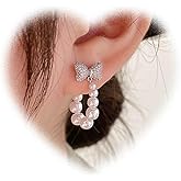 W WEILIRIAN Vintage Circle Pearl Earrings Crystal Bow Earrings Pearl Wedding Earrings Pearl Dangle Earrings Jewelry for Women and Teen