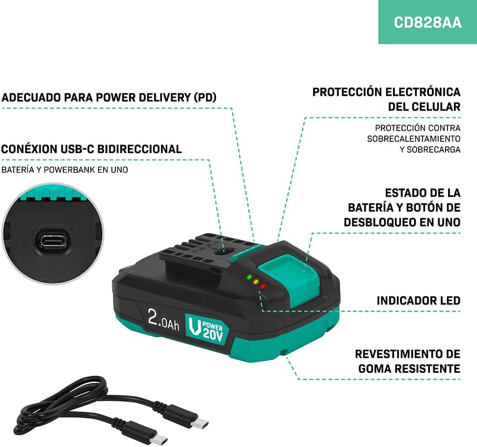 VONROC 20V Lithium-Ion Battery with USB-C port and LED indicators