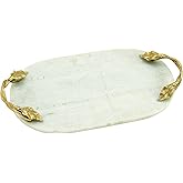 Deco 79 Marble Oval Tray with Gold Twisted Leaf Handles, 20" x 10" x 2", White
