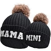 ZUYYON 2 Pcs Parent-Child Beanie Hats Mama and Mini Embroidery Knitted Hats Winter Warm Cuffed Ski Cap with Pom Pom
