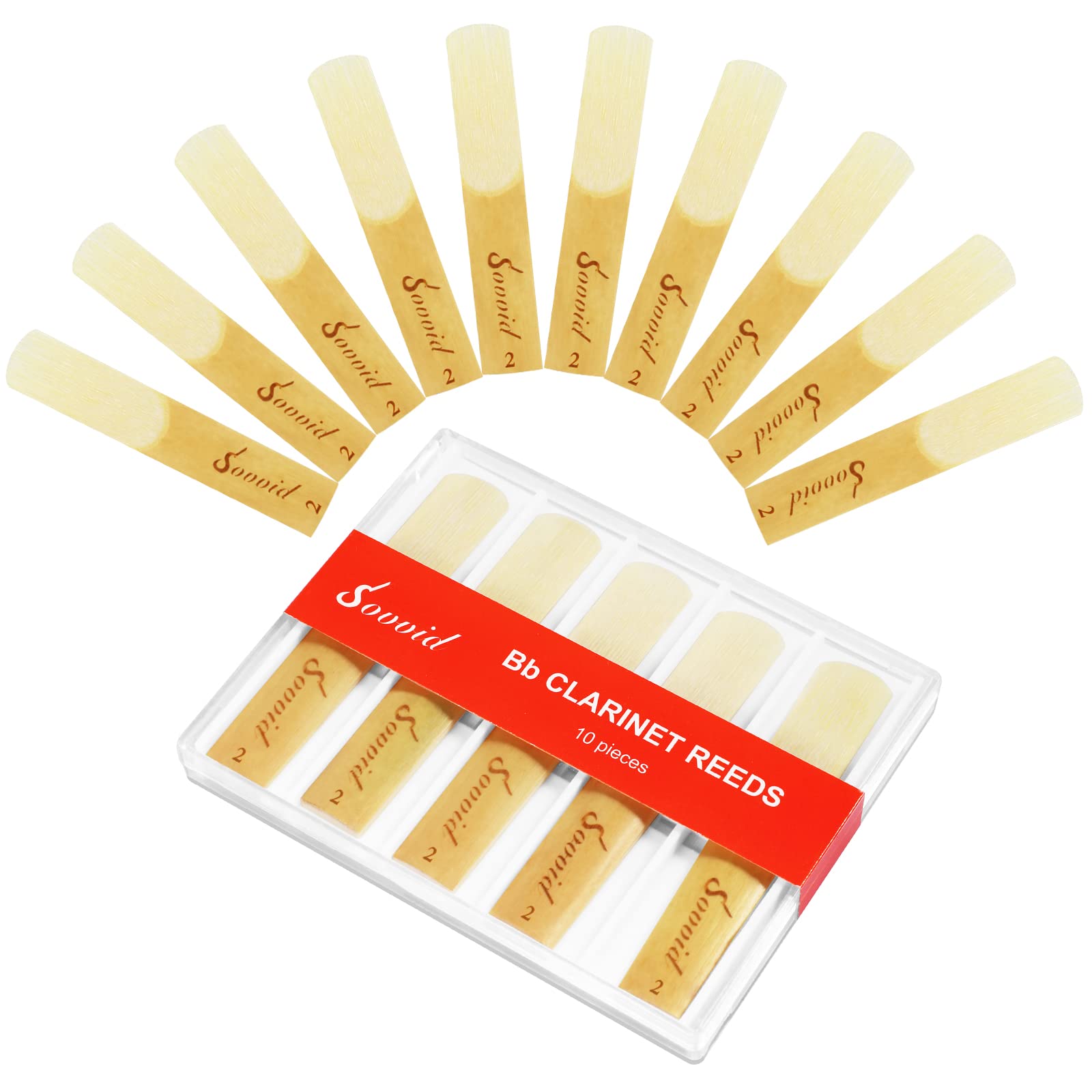 Photo 1 of Sovvid 10 Pack Bb Clarinet Reeds with Plastic Box, Strength 2.0 Reeds for Clarinet, Thinner Reed Tip & Unfiled Cut for Easy of Play, Traditional Reeds for Clarinet Beginner and Player