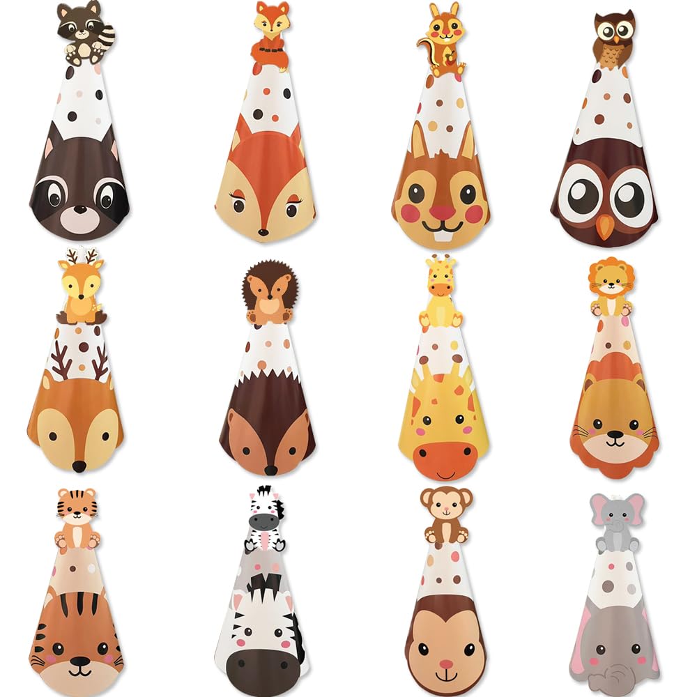 GotGala 12Pieces Safari Party Hats Jungle Animal Safari Theme Cone Paper Hats for Zoo Birthday Party Supplies Favor