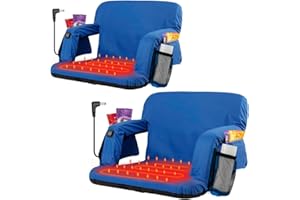 Blufree 25'' Heated Stadium Seats for Bleacher DC 7.4V Port, 6 Reclinng Positions Back and Arm Support Thick Cushion for Outdoors Picnic Camping & Sports. (Not Include Power Bank)- Blue 2PCS