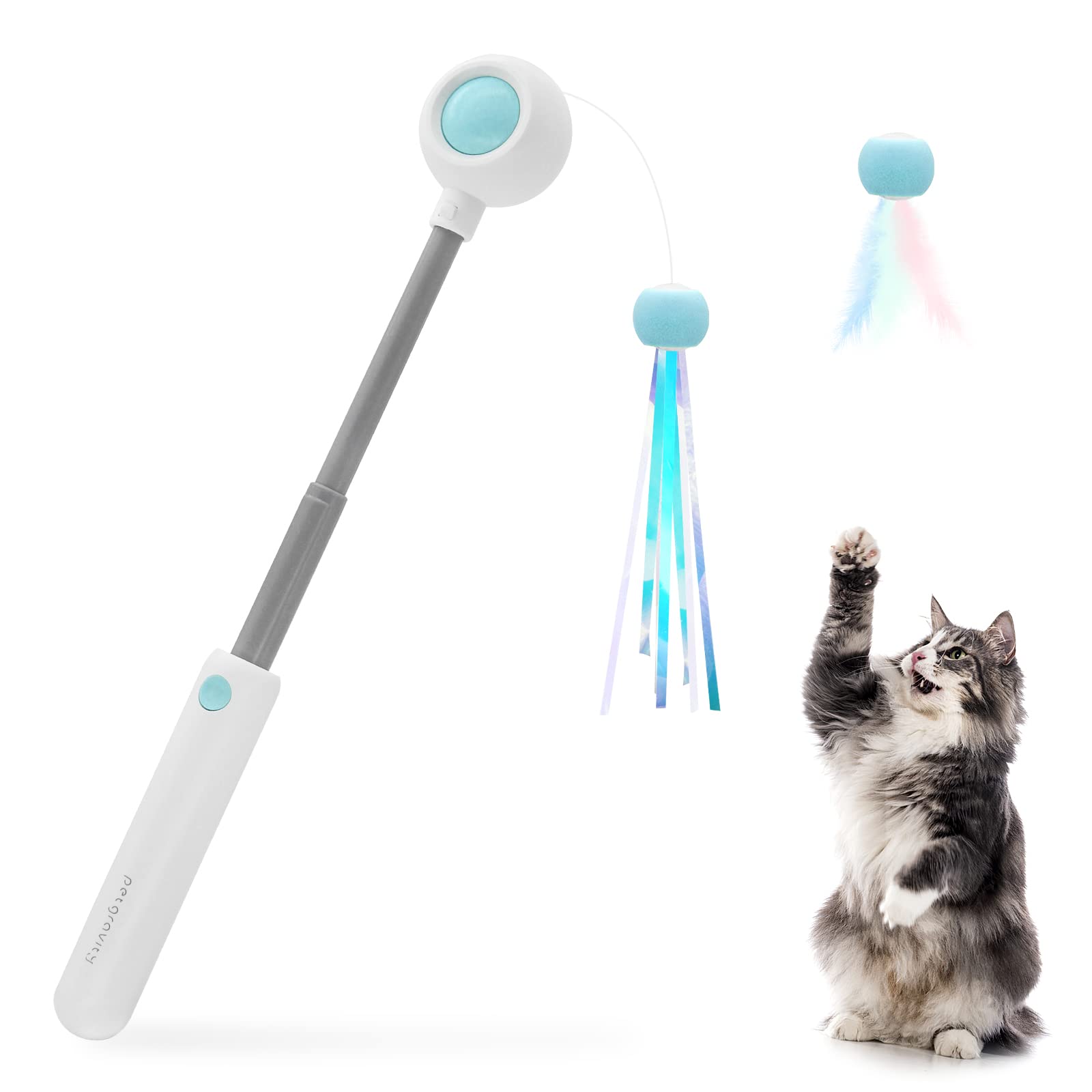 Andiker Retractable Cat Wand Teaser - Interactive Cat Feather Toy for Indoor Exercise and Boredom Relief (Blue)