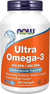 NOW Supplements, Ultra Omega-3 Molecularly Distilled and Enteric Coated, 180 Softgels