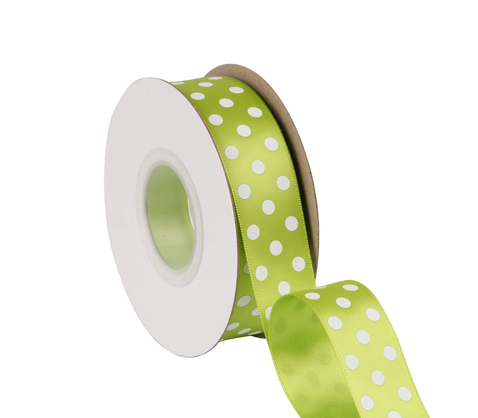 Joycrosso 25mm Wide Dots Printed Satin Ribbon with White Dots, Ideal for Hair Bows Gift Wrapping and Crart, 25 Meters-Roll (Apple Green)