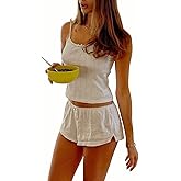 Tsultryofs Two Piece Pajama Set for Women Y2K Pj Outfits Sleeveless Knit Camisole with Elastic High Waist Shorts Loungewear