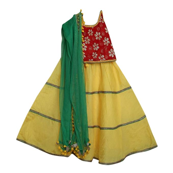 Kids Chakra By Hopscotch Girls Silk Solid Lehengas And Blouse Set In Yellow Color