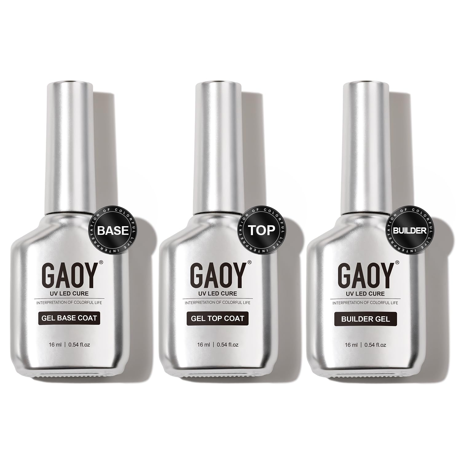 GAOY Gel Top Coat, Builder Gel and Base Coat Set, 3 Pcs 16ml Clear Glossy No Wipe Combination for UV Light Cure Gel Nail Polish