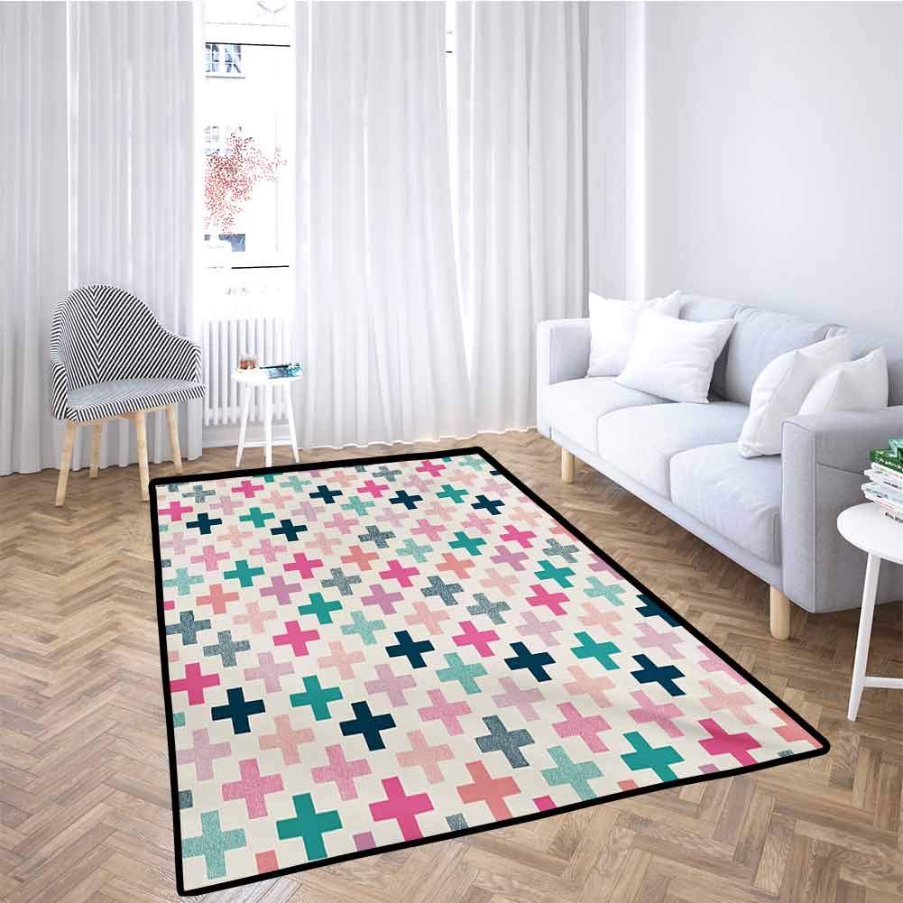 Teal and White Classroom Mat Rug Colorful Cross Shapes Dotted Design Hipster Feminine Girls Fun Art Graphic Extra Large Bedroom Rug Multicolor 5x8 Feet