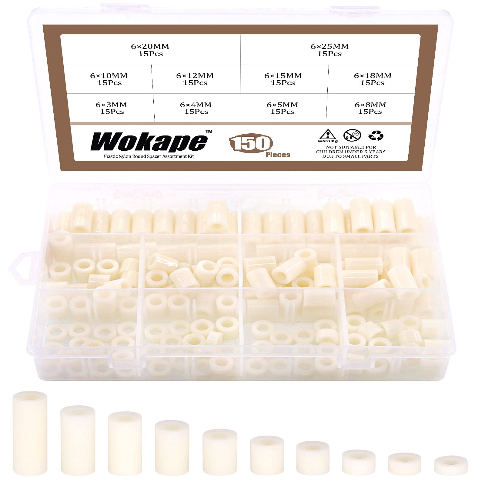 Wokape 150Pcs Nylon Round Spacer Standoff Screw Nut Assortment Kit, Nylon Flat Washer 3mm 4mm 5mm 8mm 10mm 12mm 15mm 18mm 20mm 25mm for M6 Screws Prototyping