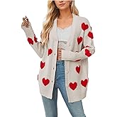 KAOBIO Women Love Heart Graphic Oversized Sweaters Valentine Cute Cardigan Open Front Button Kawaii Preppy Aesthetic Clothes