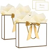 YoungTree 2PCS Medium Gift Bags with Ribbon and 2 Greeting Cards 4 Tissue Papers, Paper Birthday Gift Bags with Handles, Elegant Present Bags for Valentines Day Wedding Party Supplies (White-Gold)