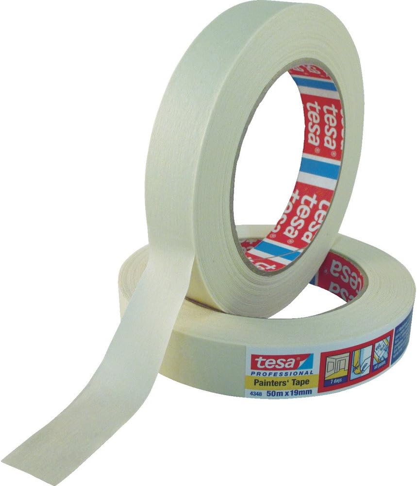 tesa 4348 7 Day Indoor Masking Tape with 7 Days Residue Free Removal 25mm x 50M (Pack of 12), White, 25 mm x 50 m