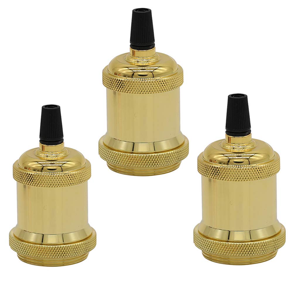 E27 Vintage Light Socket, BETOY 3 Pcs E27 Solid Socket Ceramics Lamp Holder Retro Edison Screw E27 Lamp Holder for DIY Pendant Light Bulb Socket Adaptor, Gold