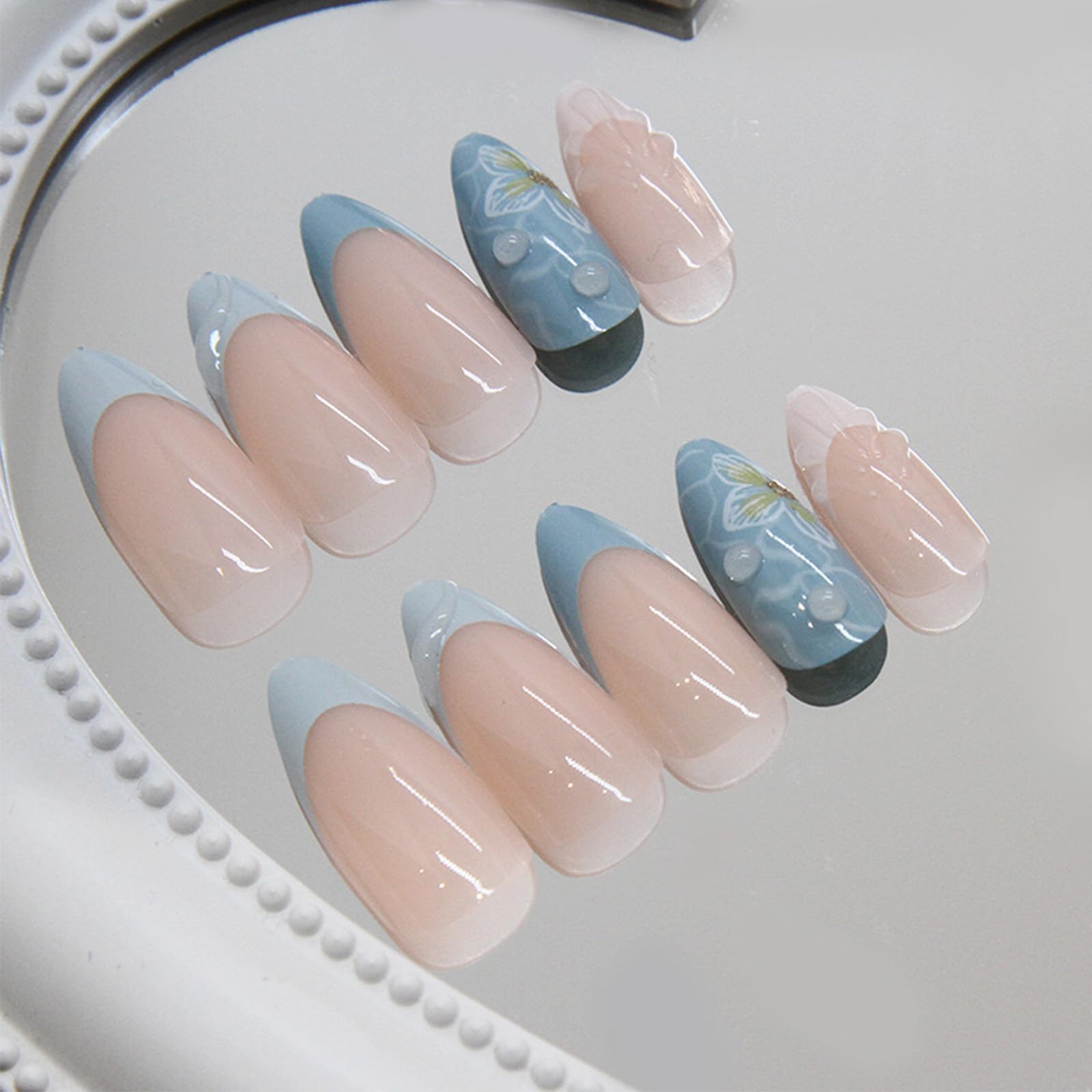 Summer Beach Press on Nails 24 Pcs 3D Style Acrylic Fake Nails Medium Almond Glossy Blue French Tips False Nails Gel Glue on Nails Manicure Flower Curve Line Stick on Nails for Coquette Women Girls - Image 2