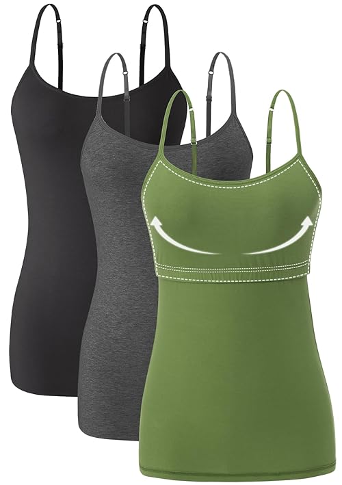 Orrpally Women Cotton Camisole Shelf Bra Cami Tank Tops Adjustable Spaghetti Strap Tank Top 3-Pack Black/Charcoal Heather/ArmyGreen S