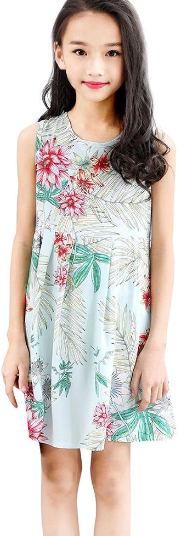 Amazon 花千束 女の子 花柄 ノースリーブ ドレス ガールズ ワンピース 子供服 可愛い 通園 通学 キッズ ドレス シンプル 春 夏 カジュアル 結婚式 発表会 プレゼント 150cm グリーン ワンピース チュニック 通販