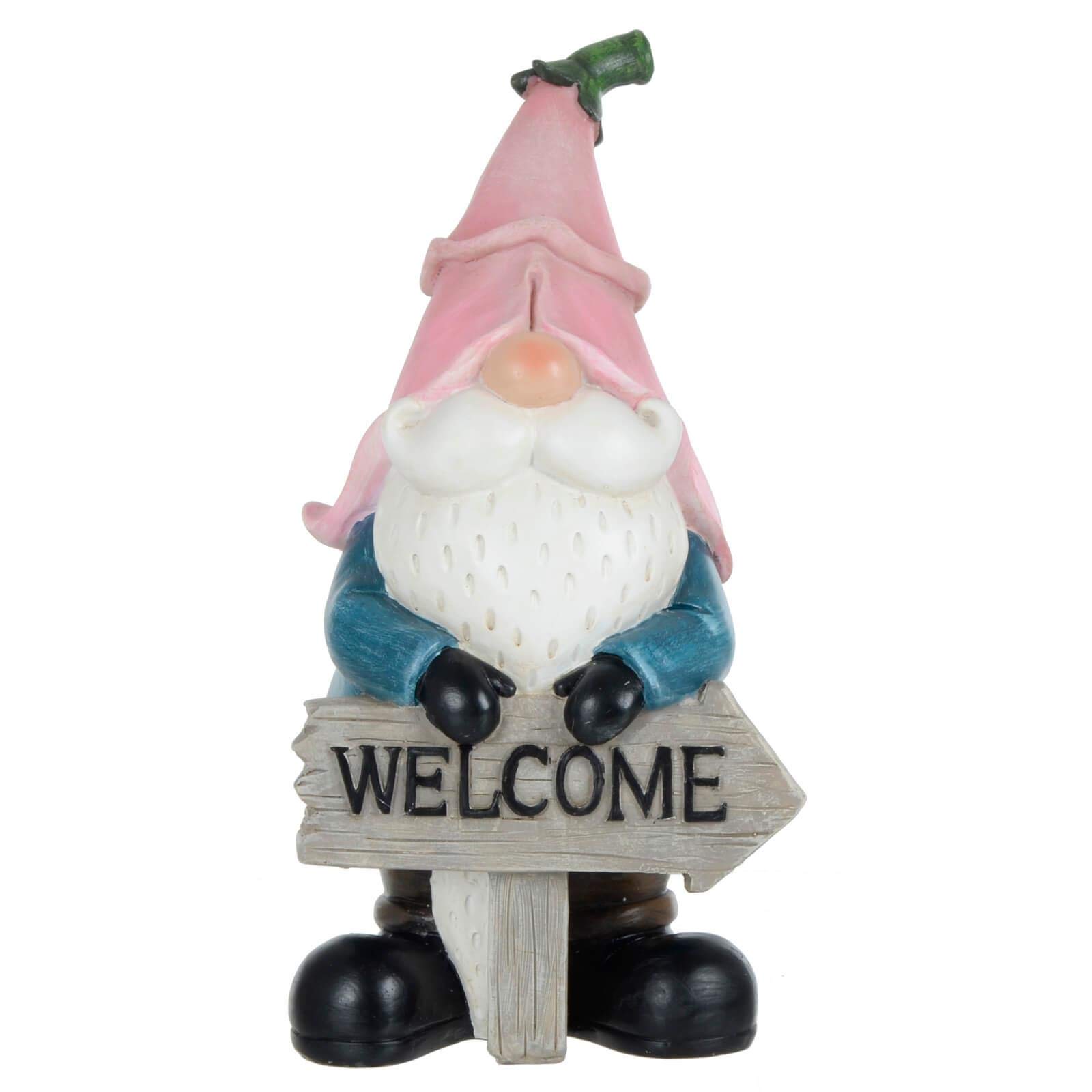 Garden Gnome Ornament Novelty Resin Standing Figure Patio Outdoor - Pink Hat