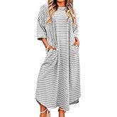 chouyatou Women's Contrast Color Striped T-Shirt Dress Casual Loose Short Sleeve Midi Long Beach Dress