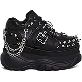 Dolls Kill Midnight Pit Platform Sneakers by Widow – Black Vegan Leather Shoes with Spikes, Chains, and Chunky Sole