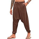 PASLTER Mens Harem Pants Baggy Casual Cotton Linen Boho Yoga Drop Crotch Hippie Trousers
