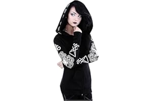 LEHOZIHEQ Womens Hooded Punk Sweatshirt Gothic Print Long Sleeve Jackets Full Zip Casual Cardigan Pocketed Dark Witch Coats