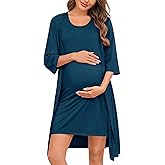 SWOMOG Women Maternity Nursing Gown and 3/4 Sleeve Robe Set Labor Delivery Nightgown Breastfeeding Hospital Bathrobe