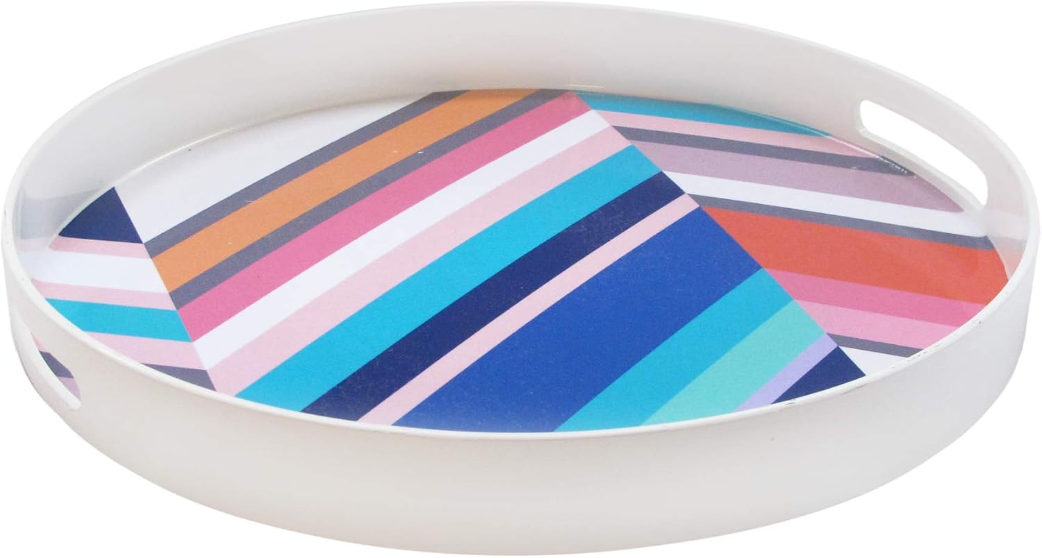 Trina Turk Round Serving Tray- Indoor & Outdoor Platter for Home Entertaining, Cocktail Hour, Snacks, Decor Display for Jewelry, Candles, Barware, Perfume, 15", Chevron