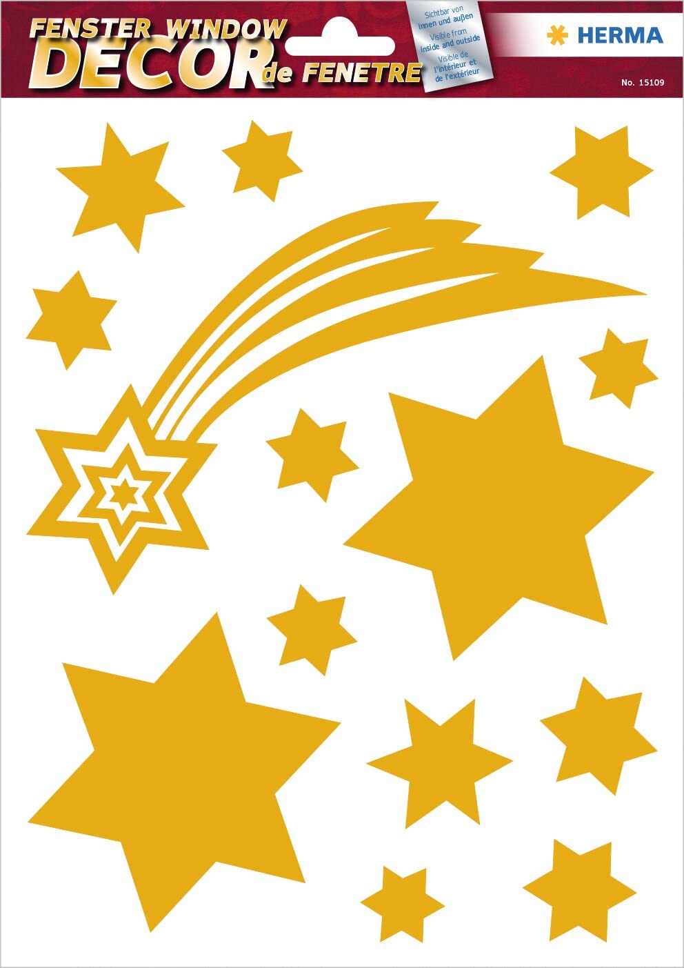 HERMA Christmas Stars Shooting Star Gold Window Stickers, Pack of 14, Self-Adhesive, Removable, Glitter, Plastic Film, Stars, Gold