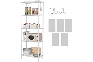 HOMEFORT 5-Shelving Unit, Adjustable Wire Shelving, Metal Wire Shelf with Shelf Liners and Hooks for Kitchen, Closet, Bathroom, Laundry, White,21" W x 11" D x 59" H
