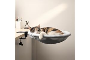 POMESEA Adjustable Cat Desk Bed, Sunken Design Cat Hammock, Supports Up to 50 lbs, Sturdy Metal Frame with Secure Clamp, Removable Faux Rabbit Plush Cover, Perfect for Home or Gaming Desk (White, XL)