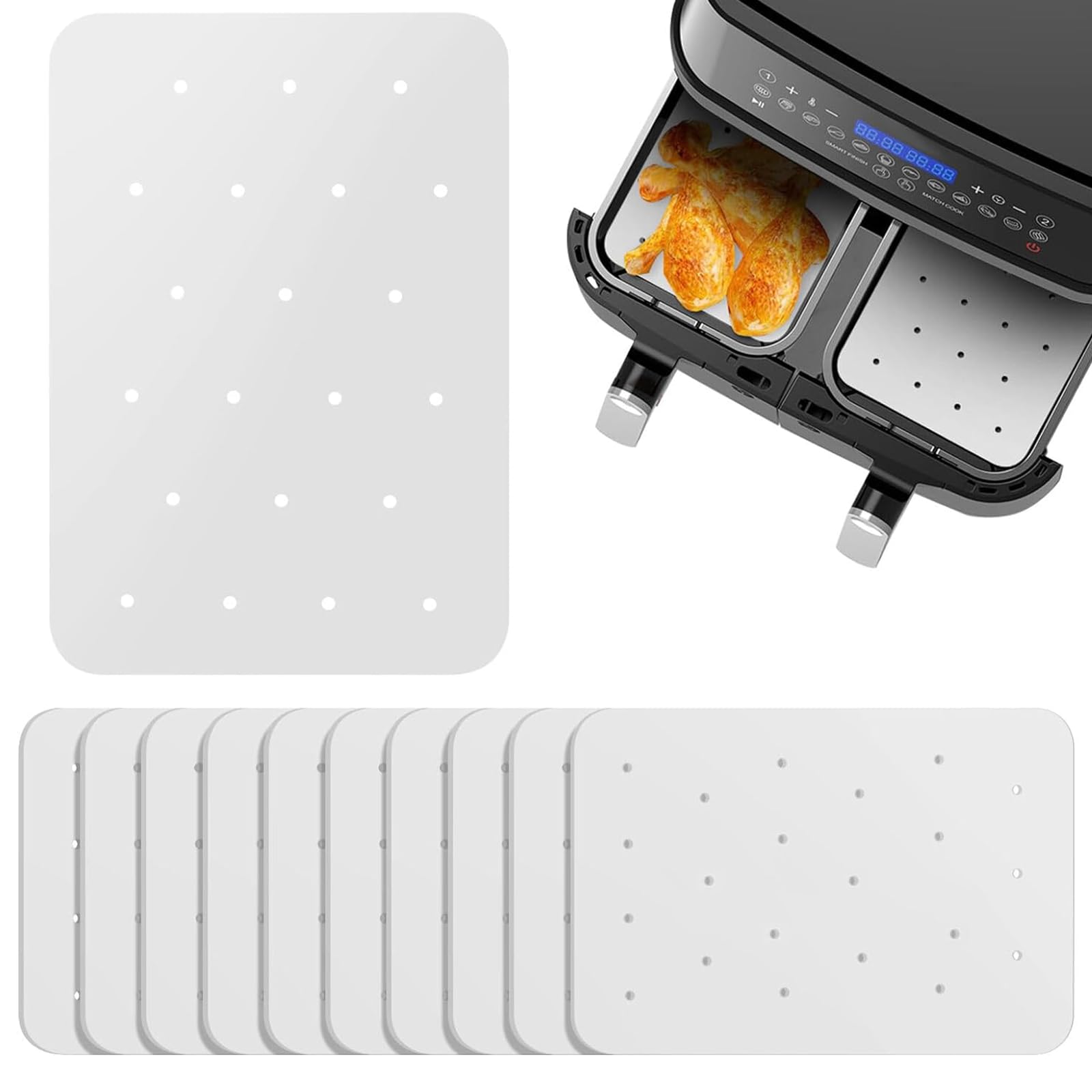 LuxeGlee 200pcs Air Fryer Paper Liners, Oil Absorbing Non-Stick Perforated Parchment Paper Sheets for Ninja Foodi Dual Air Fryer, Steaming Paper for Air Fryer Steaming Basket, White