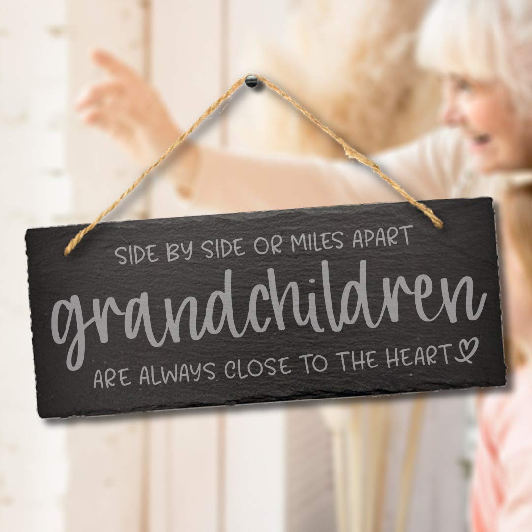 Stukk Side Grandchildren Hanging Wall Grandparents Gift, Natural Engraved Slate Stone Plaque, 30x12cm