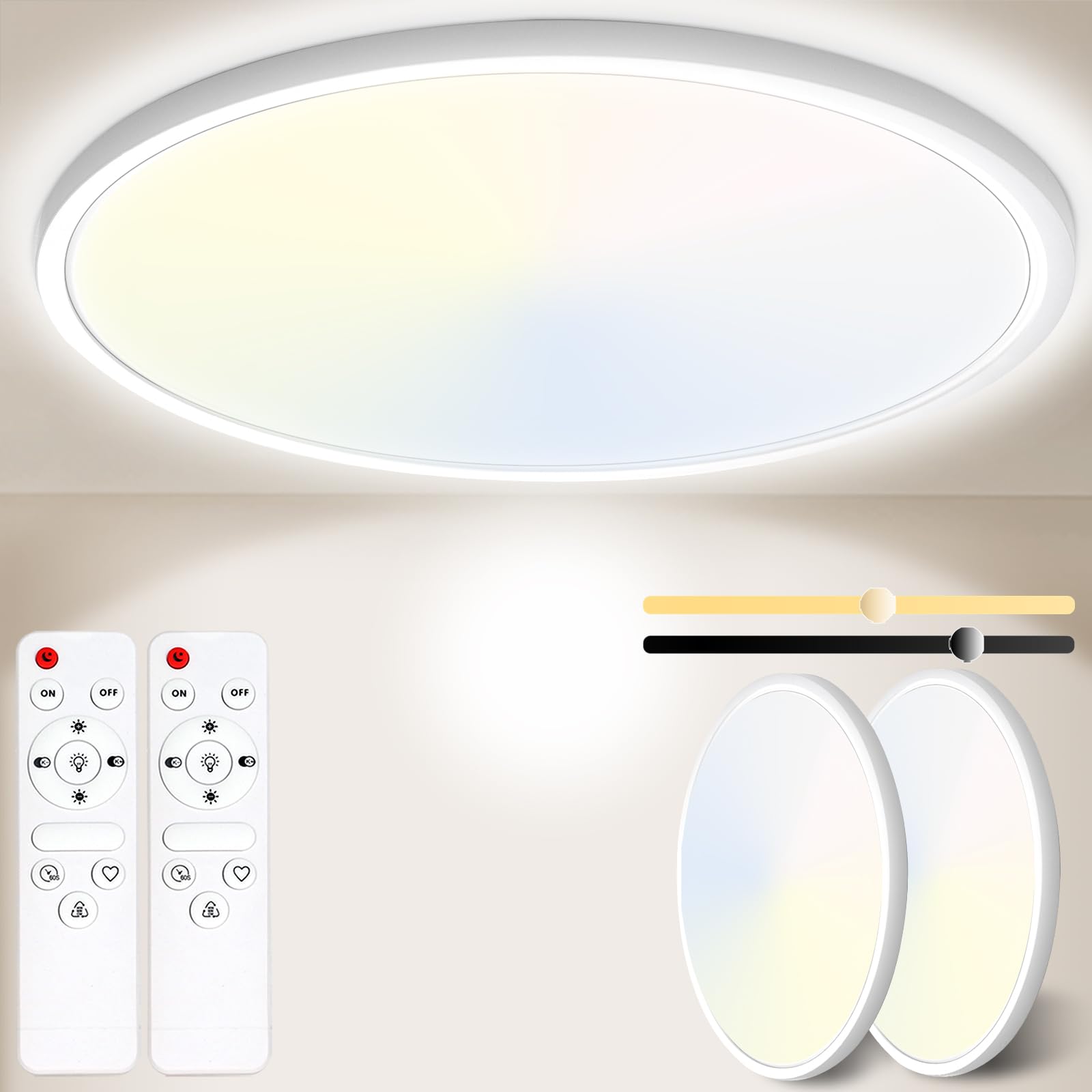 Yexati Bathroom Light 24W 3200LM 30cm Dimmable with Remote Control 6500K-3000K, IP54 LED Bathroom Light Ultra Thin Flush Ceiling Light Round for Kitchen Toilet Porch Bedroom Utility Room White 2 Pack